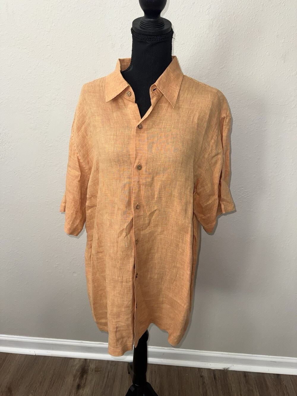 REUNION Men's 100% Linen Shirt Large Orange Short Sleeve Button Up Summer Boho